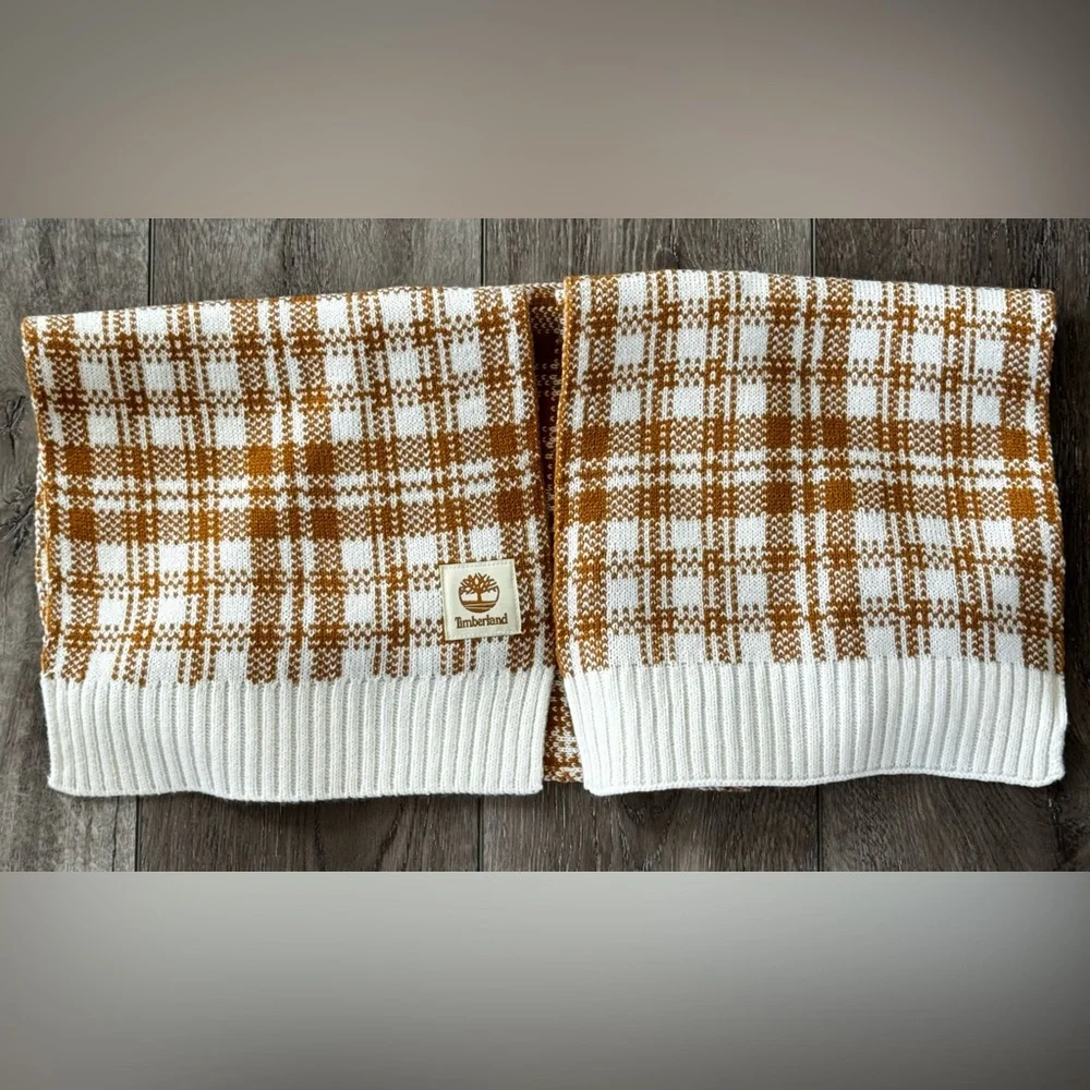 NWT Timberland Tan Buffalo Plaid Scarf 64x10 Adult Size Brown Check Winter Warm